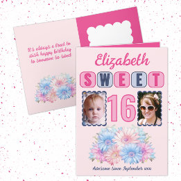 Sweet 16 geboortenaam 2 foto floral roze kaart