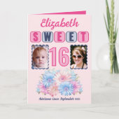 Sweet 16 geboortenaam 2 foto floral roze kaart (Voorkant)