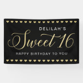 Sweet 16 Gepersonaliseerde zwarte Gold Happy Birth Spandoek (Horizontaal)