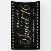 Sweet 16 Gepersonaliseerde zwarte Gold Happy Birth Spandoek (Verticaal)