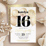 Sweet 16 Gevangenisballonnen White Real Gold Folie Uitnodiging<br><div class="desc">"Happy Sweet 16". Verstuur deze verbluffende, eenvoudige, feestelijke, moderne, gepersonaliseerde uitnodiging van een echte gouden bladpartij voor een evenement om het te herinneren. Vette, grafische, zwarte typografie en echte gouden folie handgeschreven script bedekking faux gouden ballonnen en faux goudsparkly string lampjes op een geavanceerde, witte achtergrond. Pas de douanetekst met...</div>