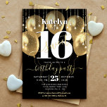 Sweet 16 Gevangenisballonnen zwart-wit goud Folie Uitnodiging<br><div class="desc">"Happy Sweet 16". Verstuur deze verbluffende, eenvoudige, feestelijke, moderne, gepersonaliseerde uitnodiging van een echte gouden folie-partij voor een evenement om het te herinneren. Vette, grafische, witte typografie en echte gouden folie handgeschreven script bedekking faux gouden ballonnen en faux gouden dunne snaarlampen op een geavanceerde, zwarte achtergrond. Pas de douanetekst met...</div>