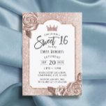 Sweet 16 Girly Blush Roos Gold Glitter Floral Kaart<br><div class="desc">Modern Blush Roos Gold Floral Princess Crown Sweet 16 Birthday Party Invitations.</div>