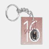 Sweet 16 Girly Roos Gold Glitter Foto Sleutelhanger (Voorkant Links)