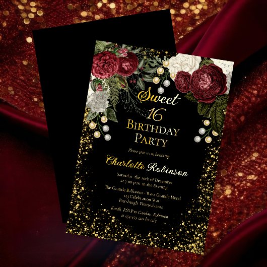 Sweet 16 Glam Burgundy Roos Floral Birthday Party Folie Uitnodiging