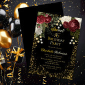 Sweet 16 Glam Burgundy Roos Floral Birthday Party Folie Uitnodiging
