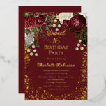 Sweet 16 Glam Burgundy Roos Floral Birthday Party Folie Uitnodiging<br><div class="desc">Elegante en klastige donkerrode en bruine rozen met zaadparels op een speerpunt lijst "Sweet 16" Birthday Party design by Holiday Hearts Design. Alle tekst is echte gouden folie en het laatstgenoemde lijst is een combinatie van gouden folie en gouden gradiënt. Peren van zaden zijn nepbedrukt. De Bourgogne achtergrond op voor...</div>