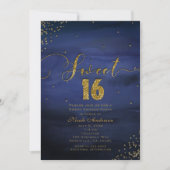 SWEET 16 Glam Modern Waterverf Blauw & Goud Party Kaart (Voorkant)