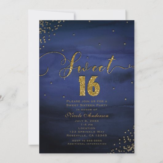 SWEET 16 Glam Modern Waterverf Blauw & Goud Party Kaart (Voorkant)