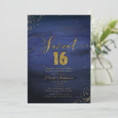 SWEET 16 Glam Modern Waterverf Blauw & Goud Party Kaart (Staand voorkant)