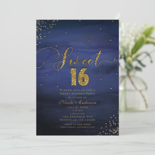 SWEET 16 Glam Modern Waterverf Blauw & Goud Party Kaart (Staand voorkant)