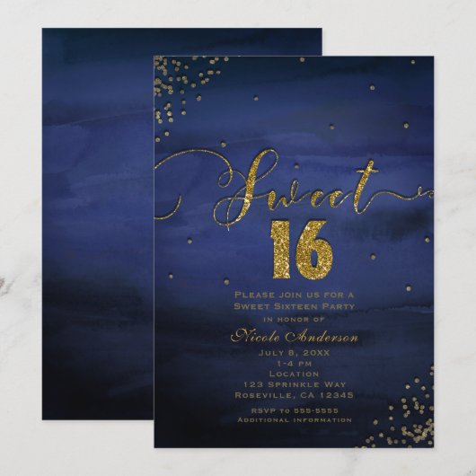 SWEET 16 Glam Modern Waterverf Blauw & Goud Party Kaart (Voorkant / Achterkant)