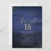 SWEET 16 Glam Moderne Waterverf Blauw Zilver Parti Kaart (Voorkant)