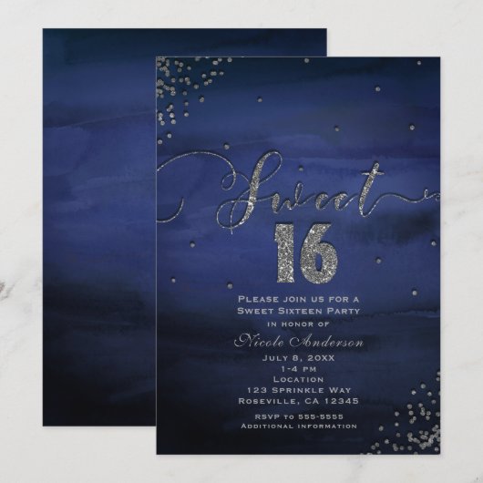 SWEET 16 Glam Moderne Waterverf Blauw Zilver Parti Kaart (Voorkant / Achterkant)