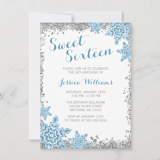 Sweet 16 Glam Winter Wonderland Silver Blue Kaart (Voorkant)