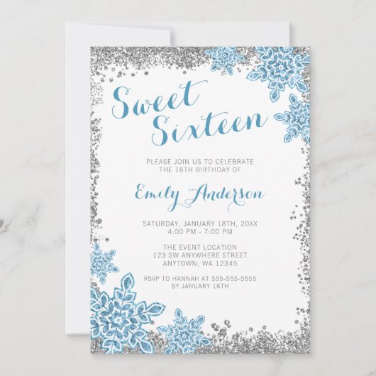 Sweet 16 Glam Winter Wonderland Silver Blue Kaart (Voorkant)