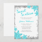 Sweet 16 Glam Winter Wonderland Zilver Aqua Kaart (Voorkant / Achterkant)