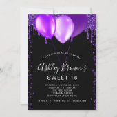 Sweet 16 Glamor Black Paarse Glitter Balloons Kaart (Voorkant)