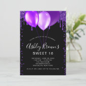 Sweet 16 Glamor Black Paarse Glitter Balloons Kaart (Staand voorkant)
