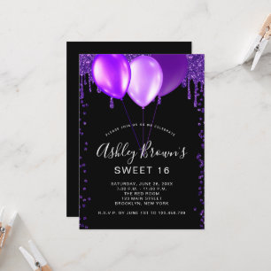 Sweet 16 Glamor Black Paarse Glitter Balloons Kaart