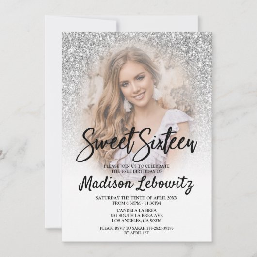 Sweet 16 Glamoureus Silver Glitter Photo Invitatio Kaart (Voorkant)