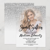 Sweet 16 Glamoureus Silver Glitter Photo Invitatio Kaart (Voorkant / Achterkant)