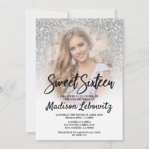 Sweet 16 Glamoureus Silver Glitter Photo Invitatio Kaart