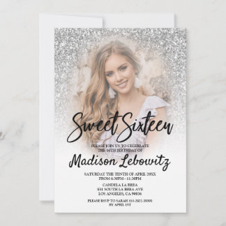 Sweet 16 Glamoureus Silver Glitter Photo Invitatio Kaart
