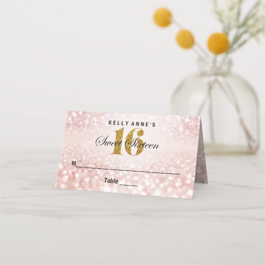 Sweet 16 Glitter Bokeh Lights Custom Place Card Plaatskaartje (Voorkant)