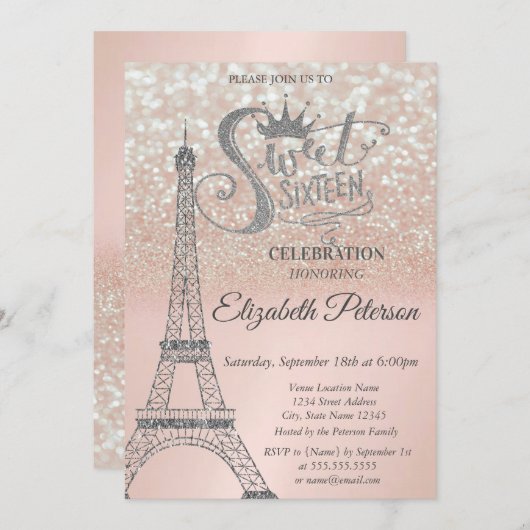 Sweet 16 Glitter Bokeh Ombre, Eiffel Tower Sweet 1 Kaart (Voorkant / Achterkant)