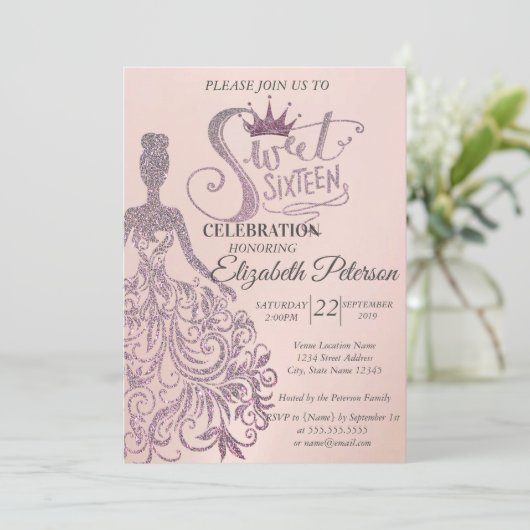 Sweet 16 Glitter Bokeh Ombre, Glitter Dress, Tiara Kaart (Staand voorkant)