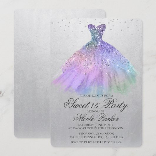 Sweet 16 Glitter Dress Diamond Uitnodiging (Voorkant / Achterkant)
