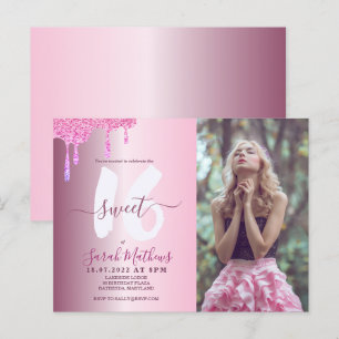 Sweet 16 Glitter Drips Blush Roze Metallic Foto Briefkaart