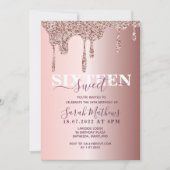 Sweet 16 Glitter Drips Roos Gouden Verjaardag Invi Kaart (Voorkant)