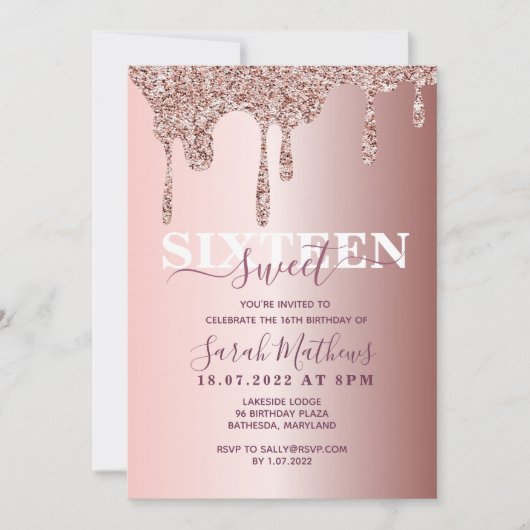 Sweet 16 Glitter Drips Roos Gouden Verjaardag Invi Kaart (Voorkant)