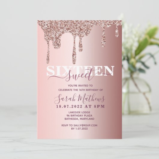 Sweet 16 Glitter Drips Roos Gouden Verjaardag Invi Kaart (Staand voorkant)