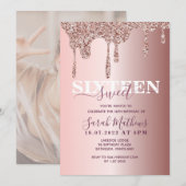 Sweet 16 Glitter Drips Roos Gouden Verjaardag Invi Kaart (Voorkant / Achterkant)