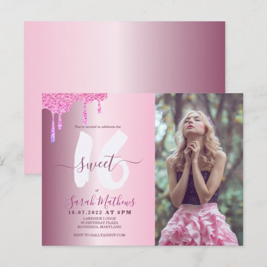 Sweet 16 Glitter drukt Blush Pink Metallic foto Briefkaart (Voorkant / Achterkant)