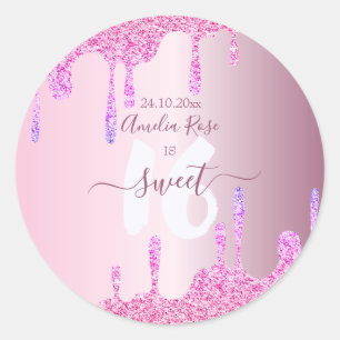 Sweet 16 Glitter druppelt roze metalen zondagspak Ronde Sticker