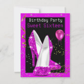 Sweet 16 Glitter Hot Pink Black Birthday Party Kaart (Voorkant)