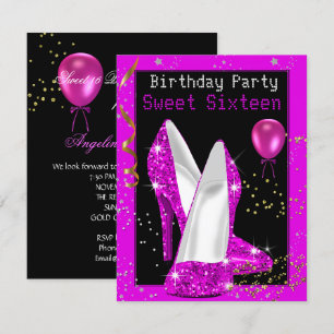 Sweet 16 Glitter Hot Pink Black Birthday Party Kaart