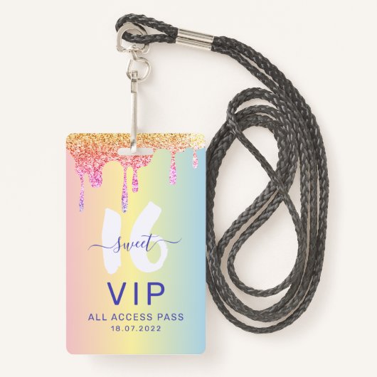 Sweet 16 Glitter Pastel Shades Verjaardag Uitnodig Badge (Voorkant met draagriem)