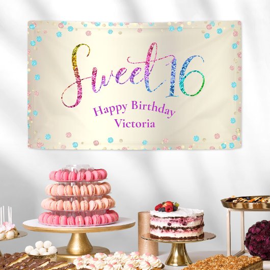 Sweet 16 Glitter Regenboog Confetti Goud Verjaarda Spandoek