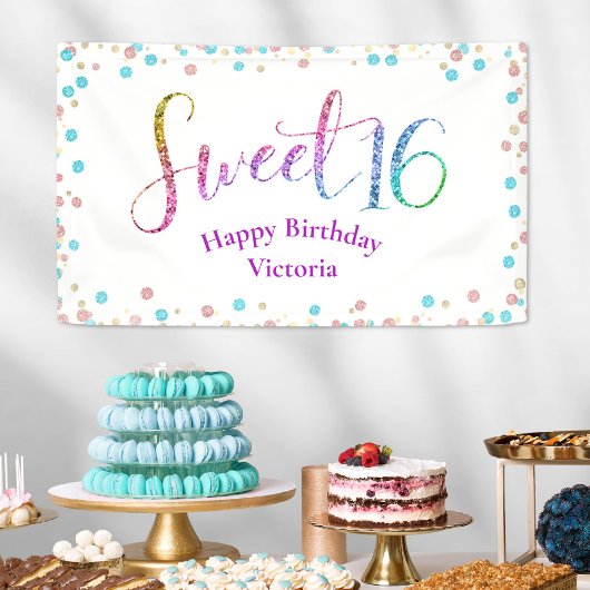Sweet 16 Glitter Regenboog Confetti Spandoek