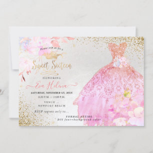 Sweet 16 Glitters Gown Ombre Pink Gold Invitation Kaart