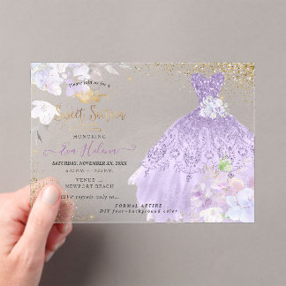 Sweet 16 Glitters Jurk Stof Paars Lila Goud Acryl Uitnodigingen