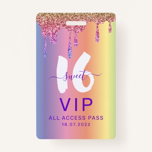 Sweet 16 Glittery Rainbow Verjaardag Uitnodiging Badge (Voorkant)