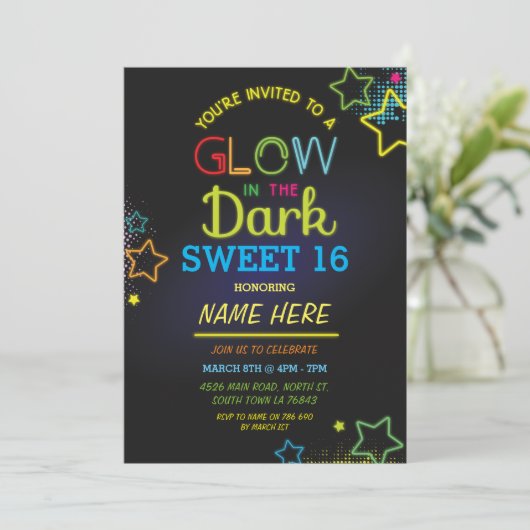 Sweet 16 Glow In The Dark Verjaardag Neon Party Kaart (Staand voorkant)