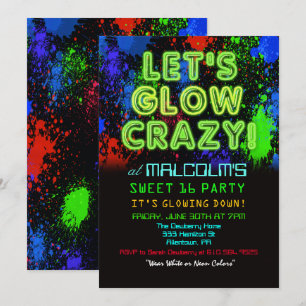 Sweet 16 Glow Party Birthday Invitation Kaart