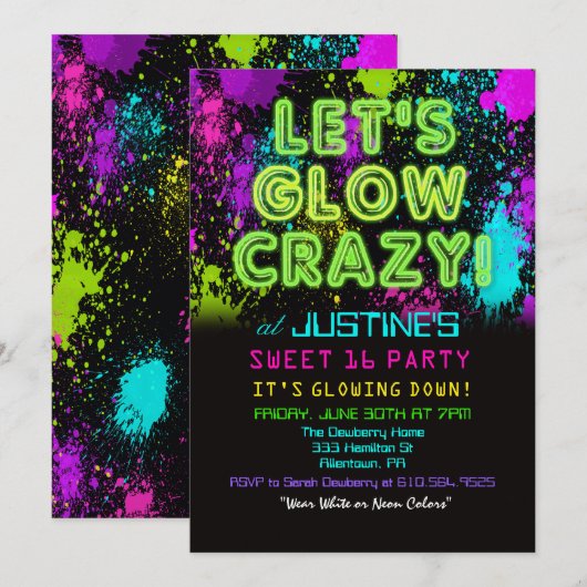 Sweet 16 Glow Party Birthday Invitation Kaart (Voorkant / Achterkant)